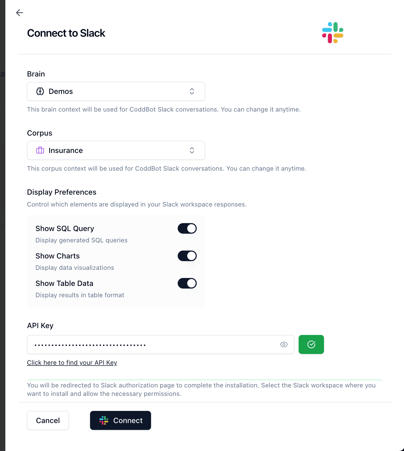 Connect to Slack screen in Codd Backstage showing Brain, Corpus, Display Preferences, and API Key fields