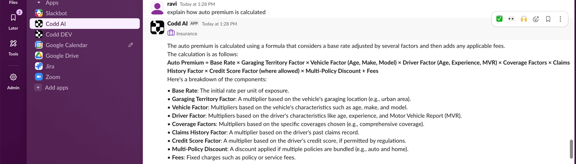Slack conversation showing knowledge query for auto premium calculation