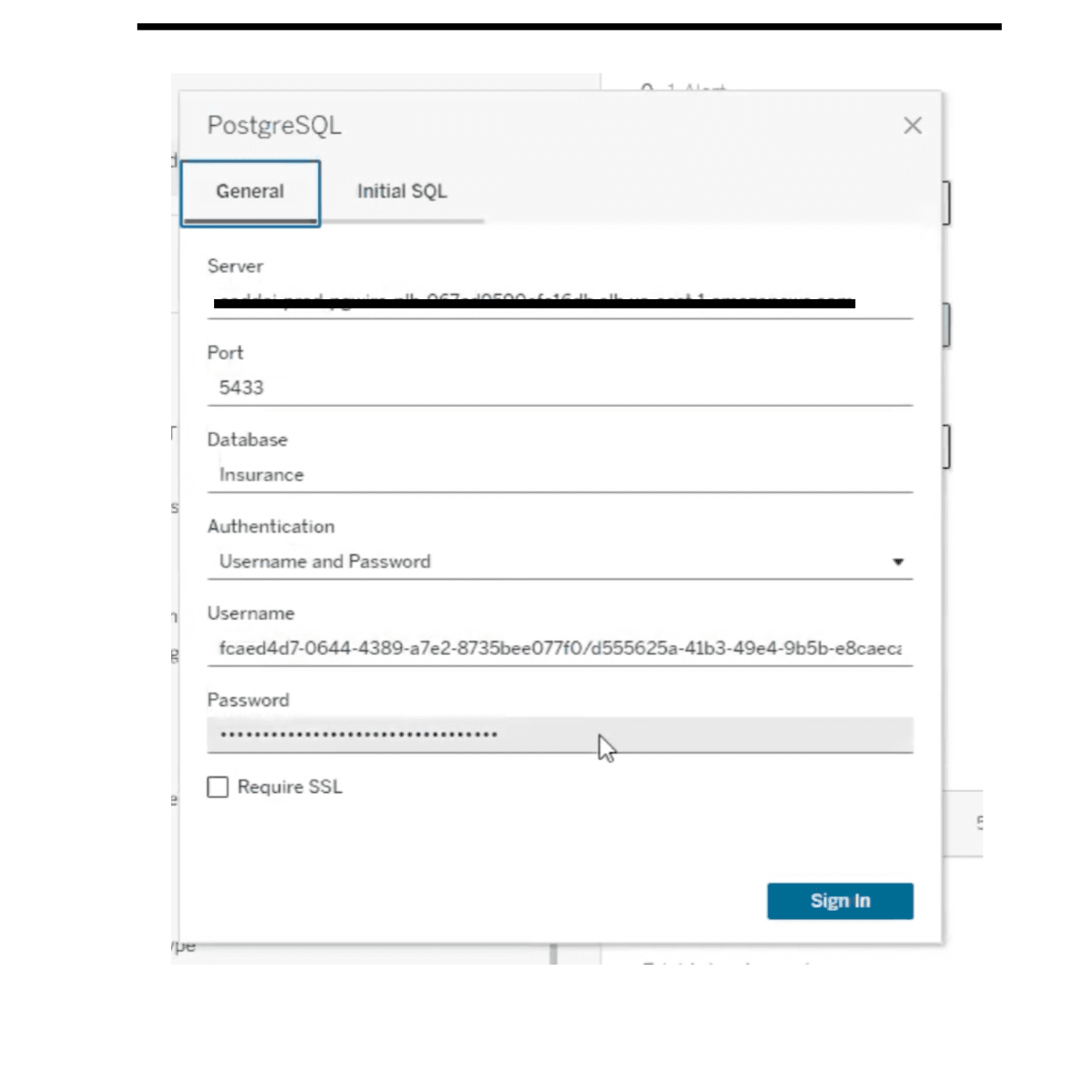 Tableau PostgreSQL connection dialog with CSL credentials