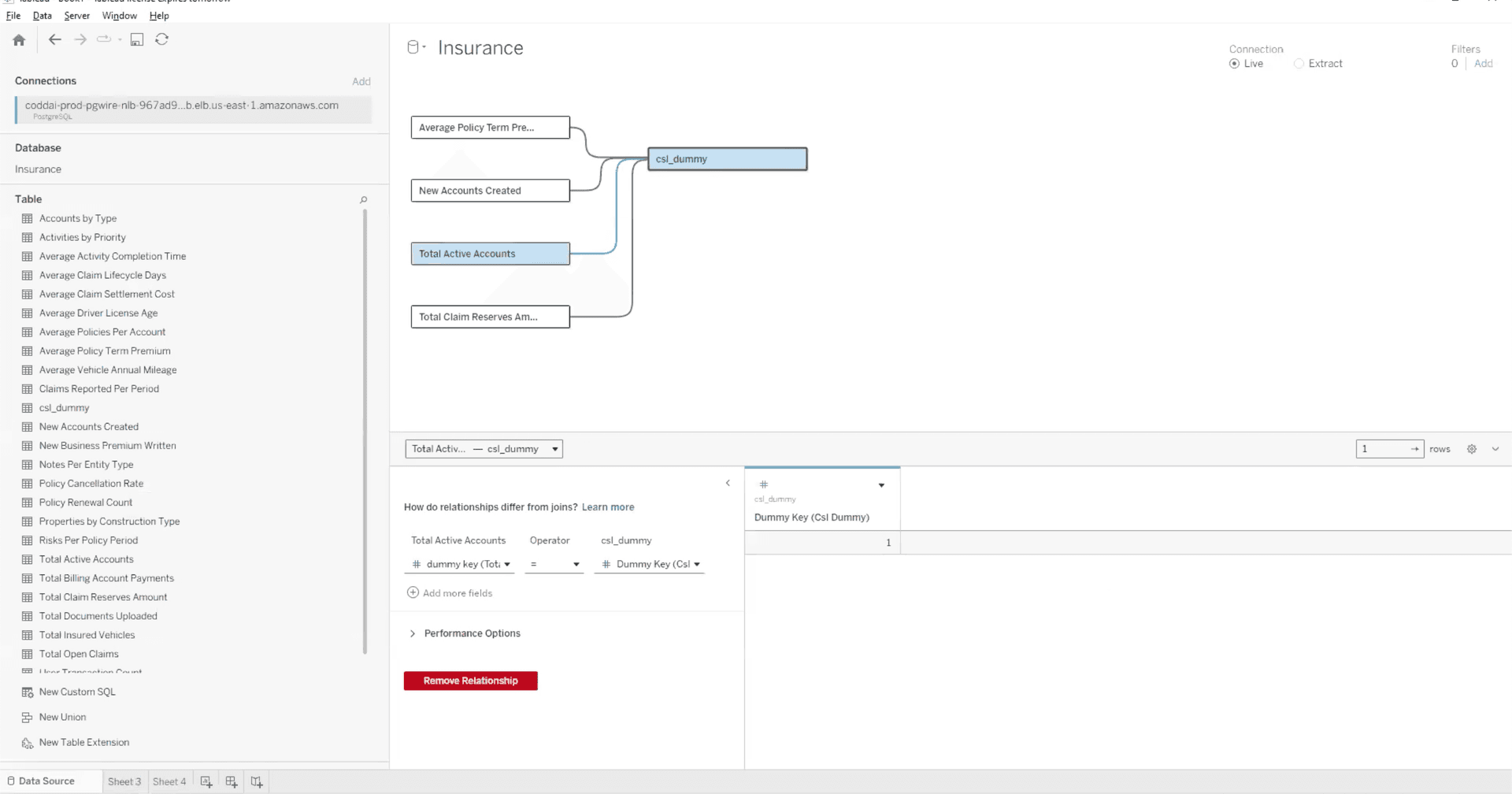 Completed relationship diagram with csl_dummy at center connected to all metric tables