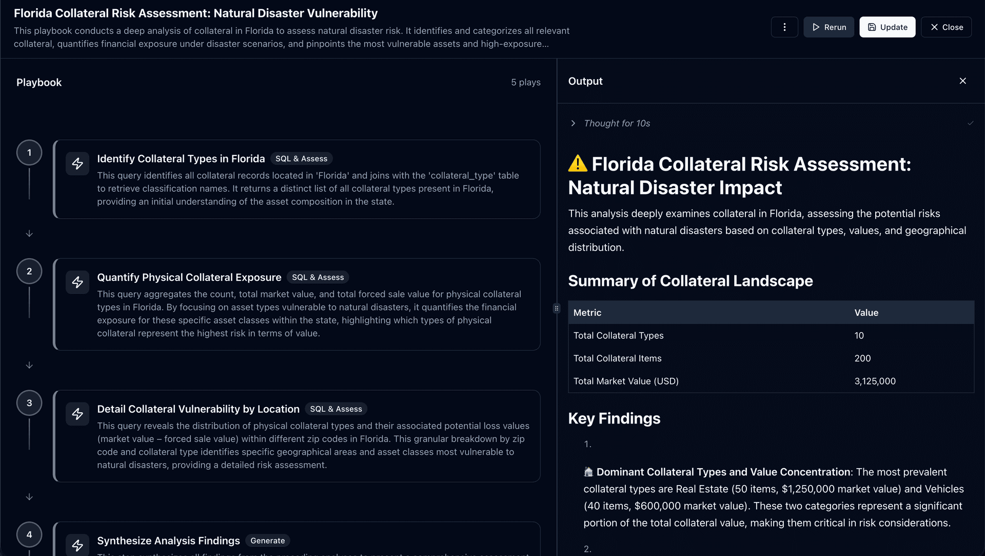 Florida Collateral Risk Assessment Playbook showing plays and structured output