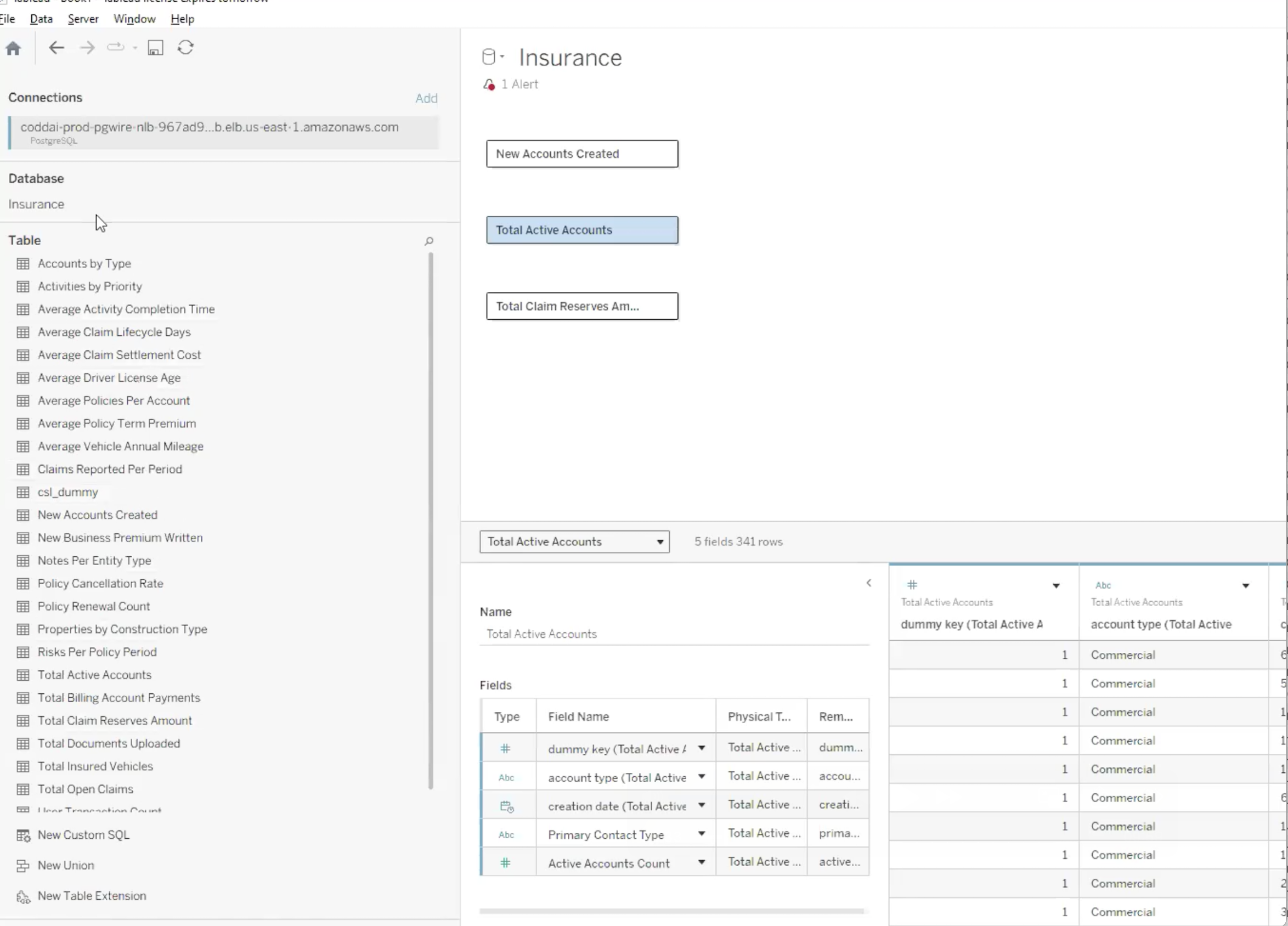 Tableau data source view showing CSL metrics as tables